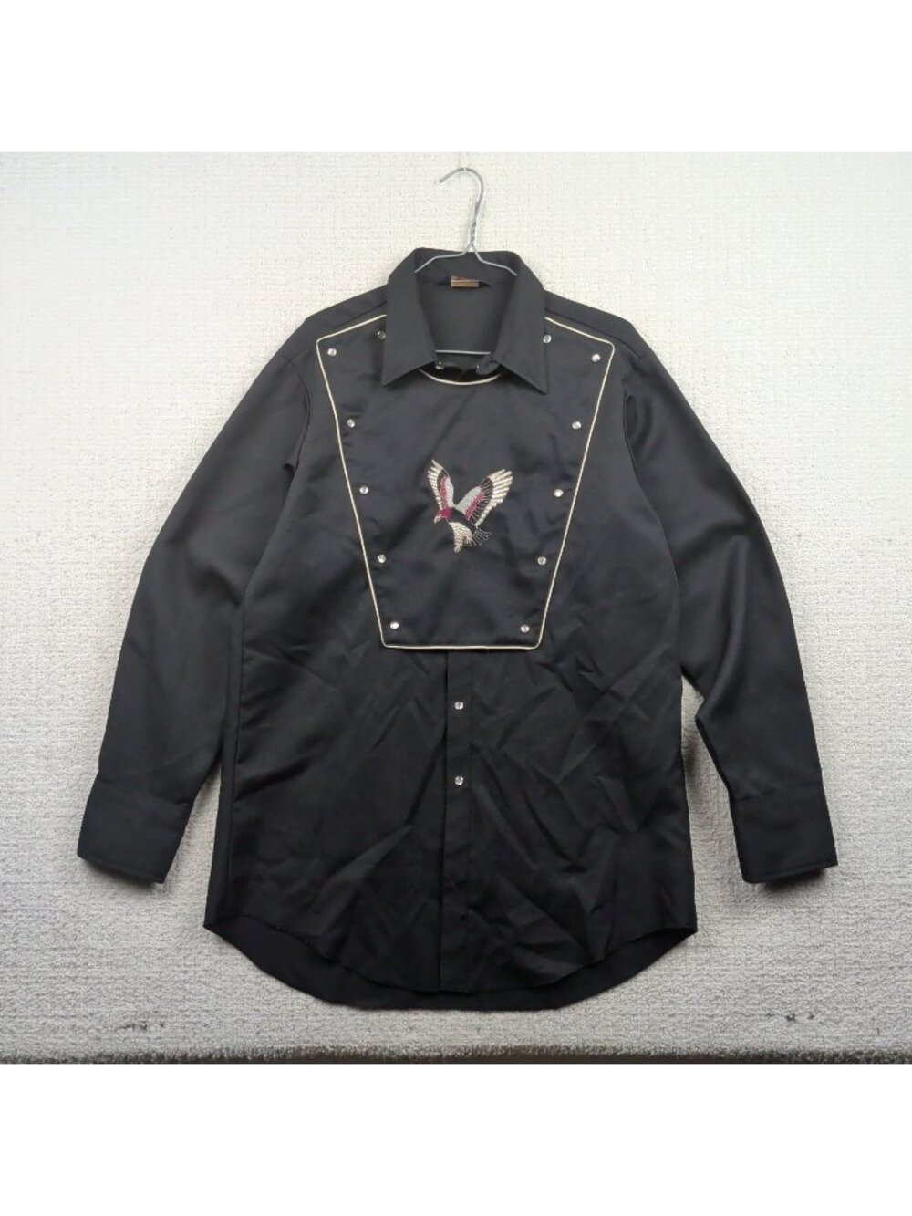 Vintage MWG Canada Western Pearl Snap Bib Shirt Cowboy Sz L Black Cowboy Bird